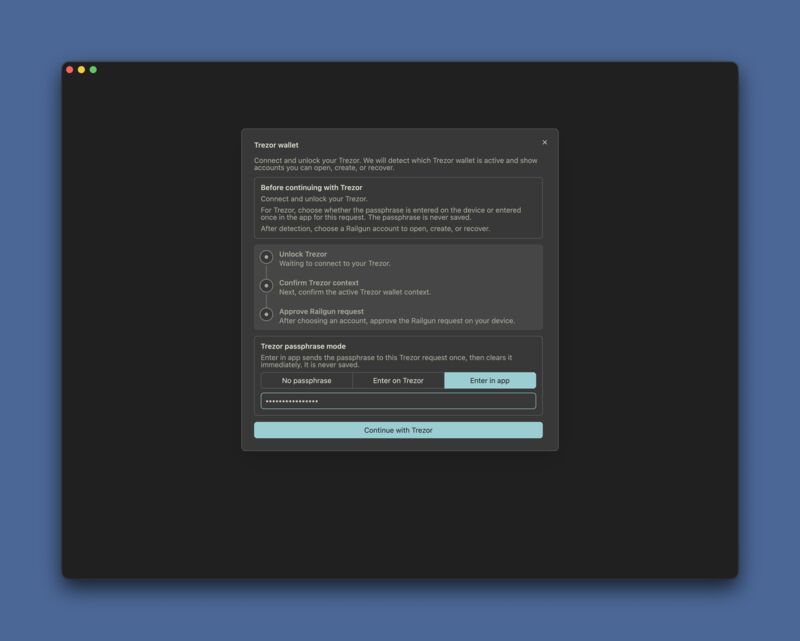 Ledger and Trezor support for public and derived 0zk accounts.