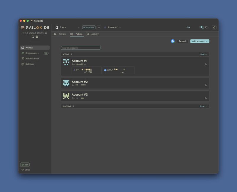 Public account balances alongside your private 0zk wallet.